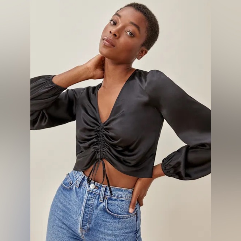 Black Ruched Satin Tie Front Long Sleeve Blouse